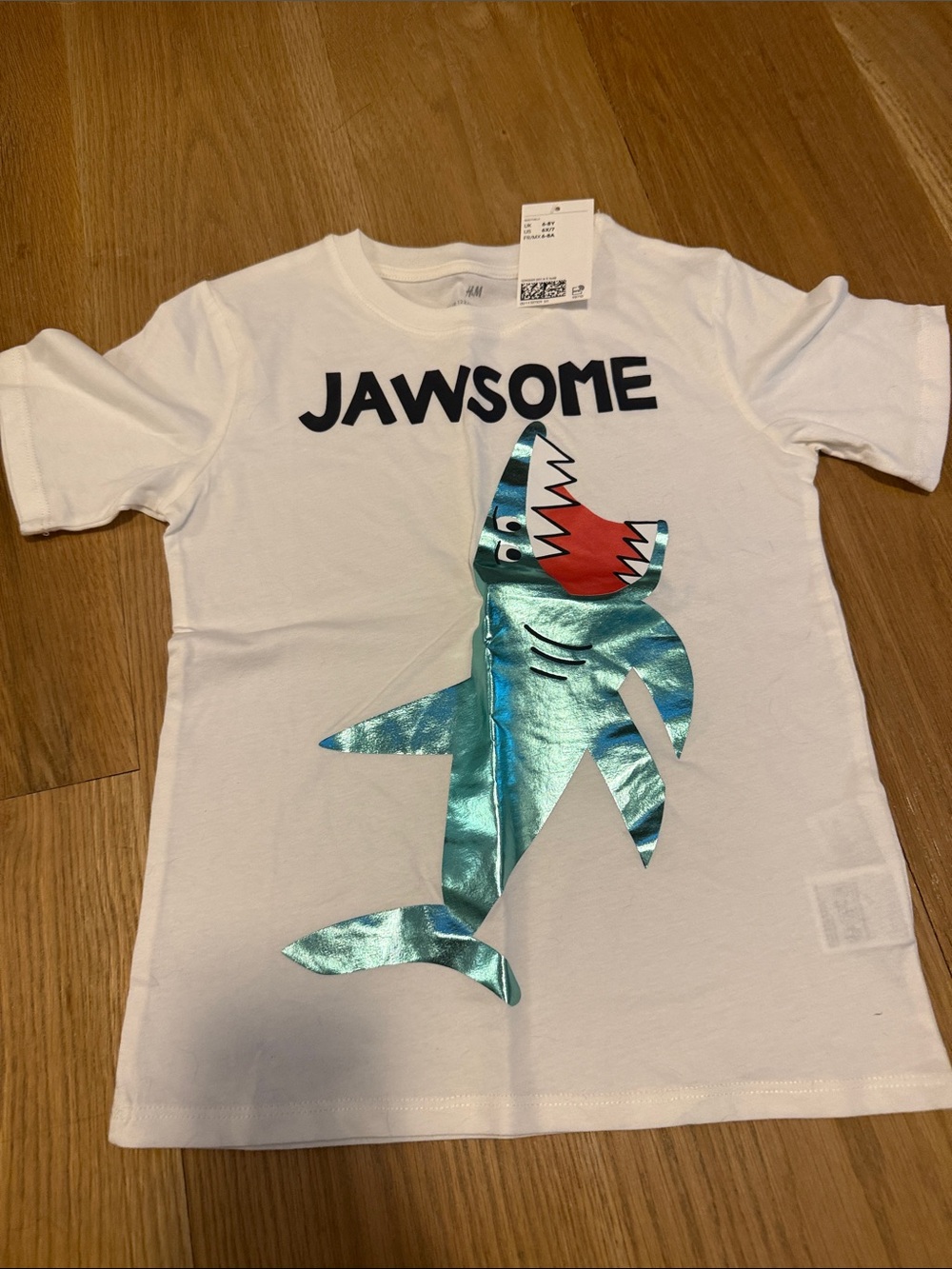 H&M White Tee with Shiny Teal Shark and Red Accent